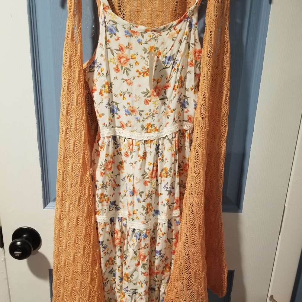 Girl's Knitworks Orange Floral Midi Dressw/ Knitted Vest